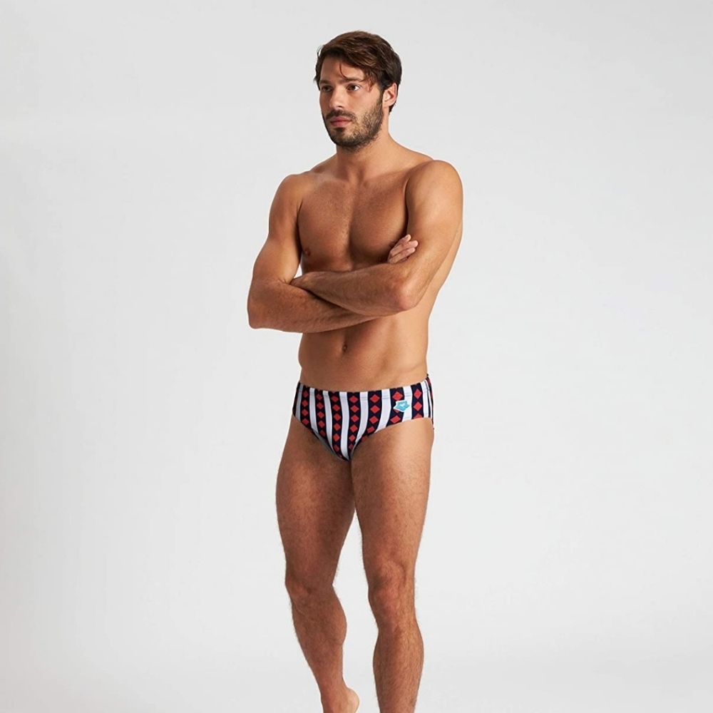 Arena Men's Navy- Multi Red Mark Spitz Allover Print Swim Brief. Size 22. New.